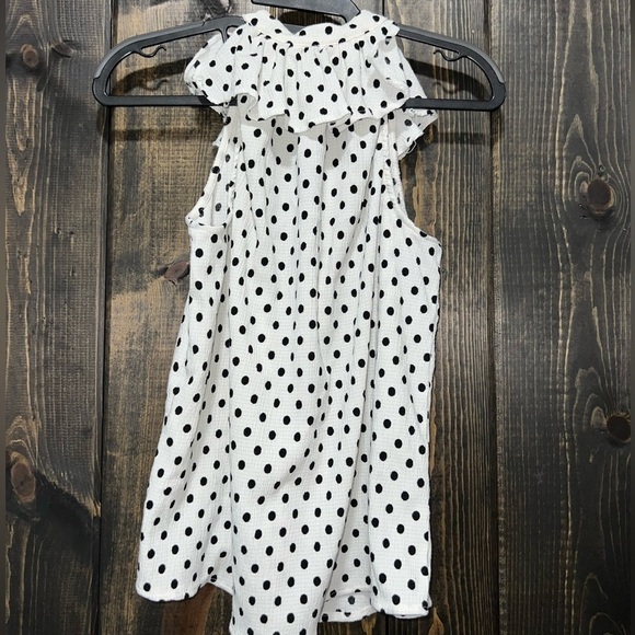 Anthropologie Blouse S Polka Dot White Black Ruffle Neck Button Front Textured - Picture 5 of 7